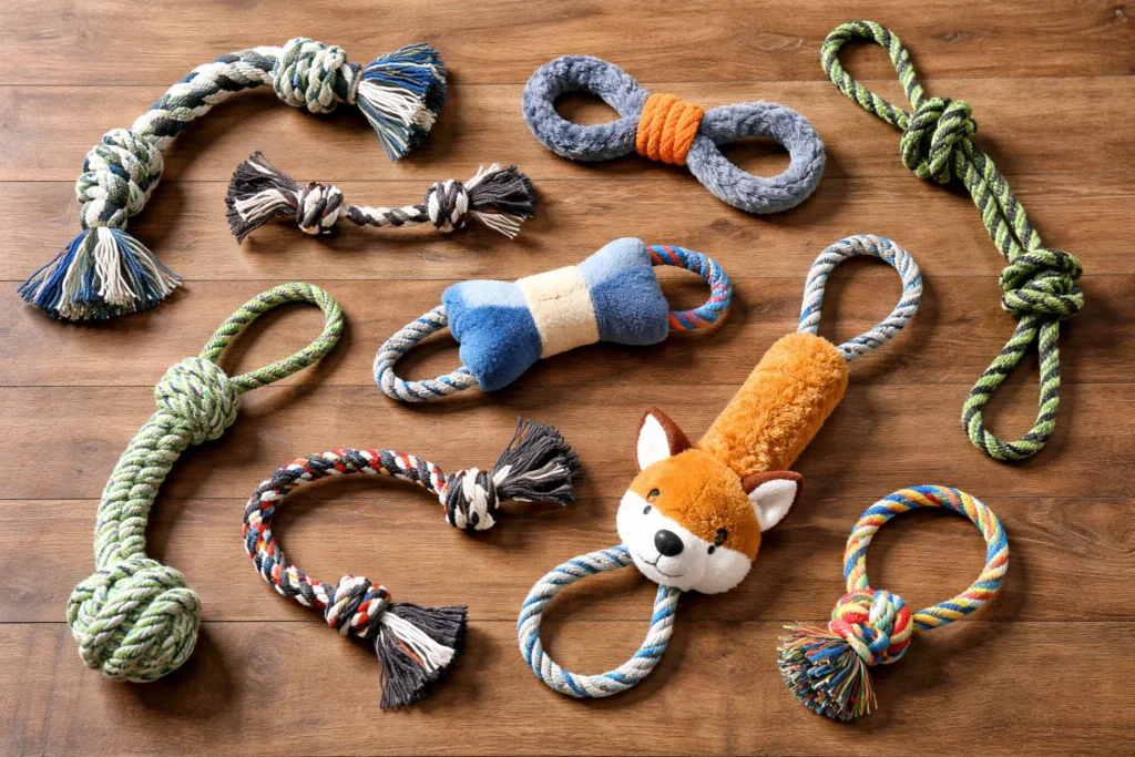different types of dog tug toys including rope toys and soft tug toys