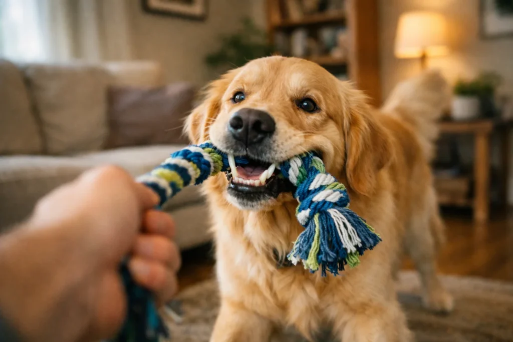 dog playing tug of war with a rope dog tug toy with owner