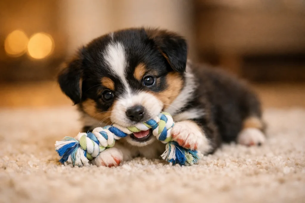 puppy playing with a small rope tug toy designed for puppies