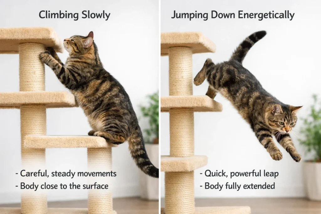 Cat climbing versus jumping on a cat tree