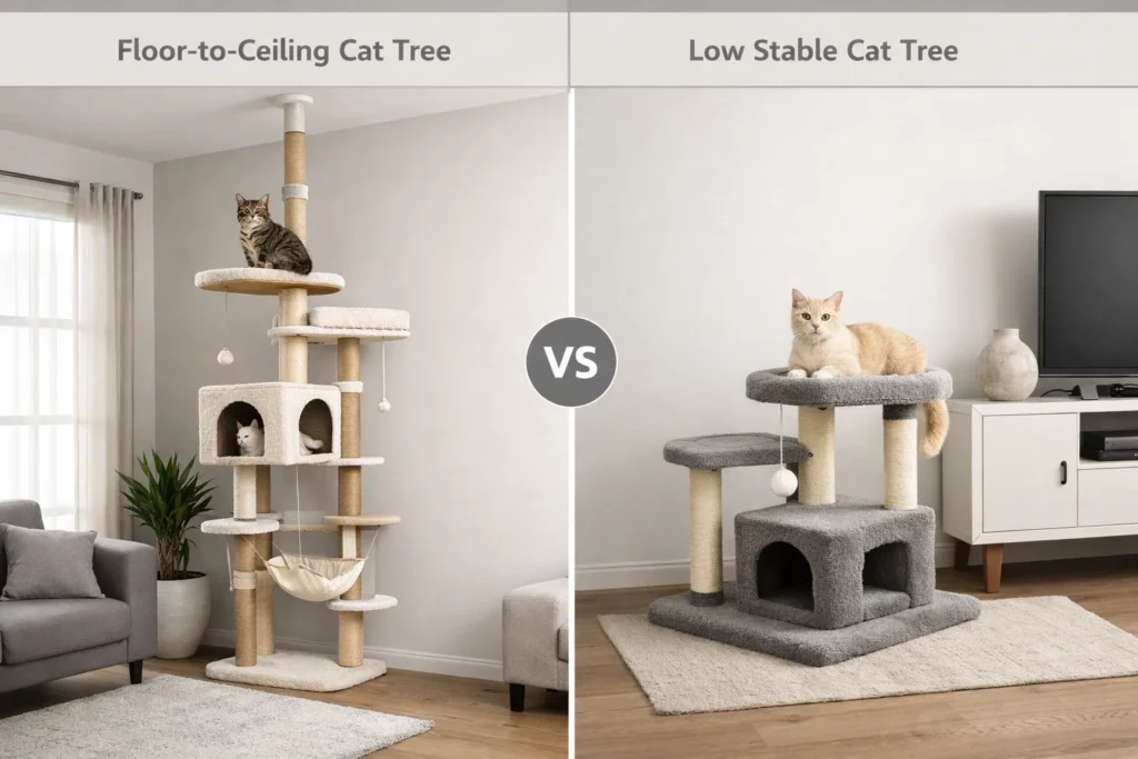Cat resting comfortably on a cat tree in an apartment
