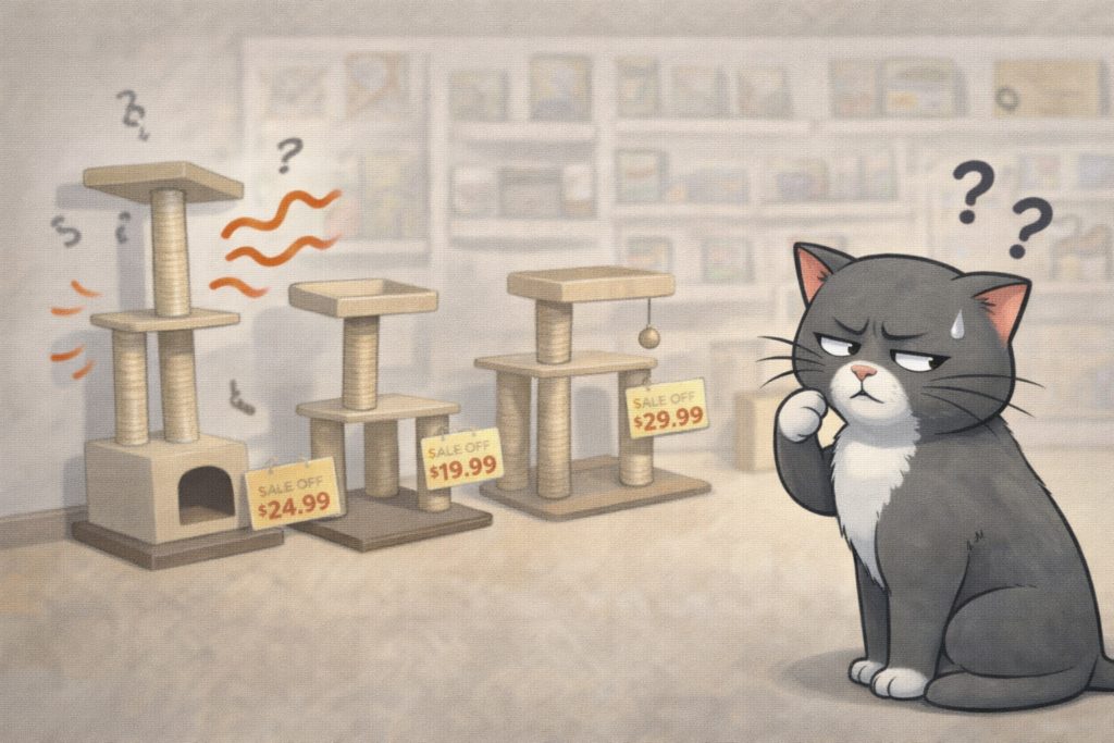 How Cats Actually “Choose” a Cat Tree This illustration represents a common real-world scenario: a cat hesitating between multiple cat trees that look similar at first glance. Stability, usable platform size, and structural balance matter far more to cats than price tags or height — even if humans overlook these details.