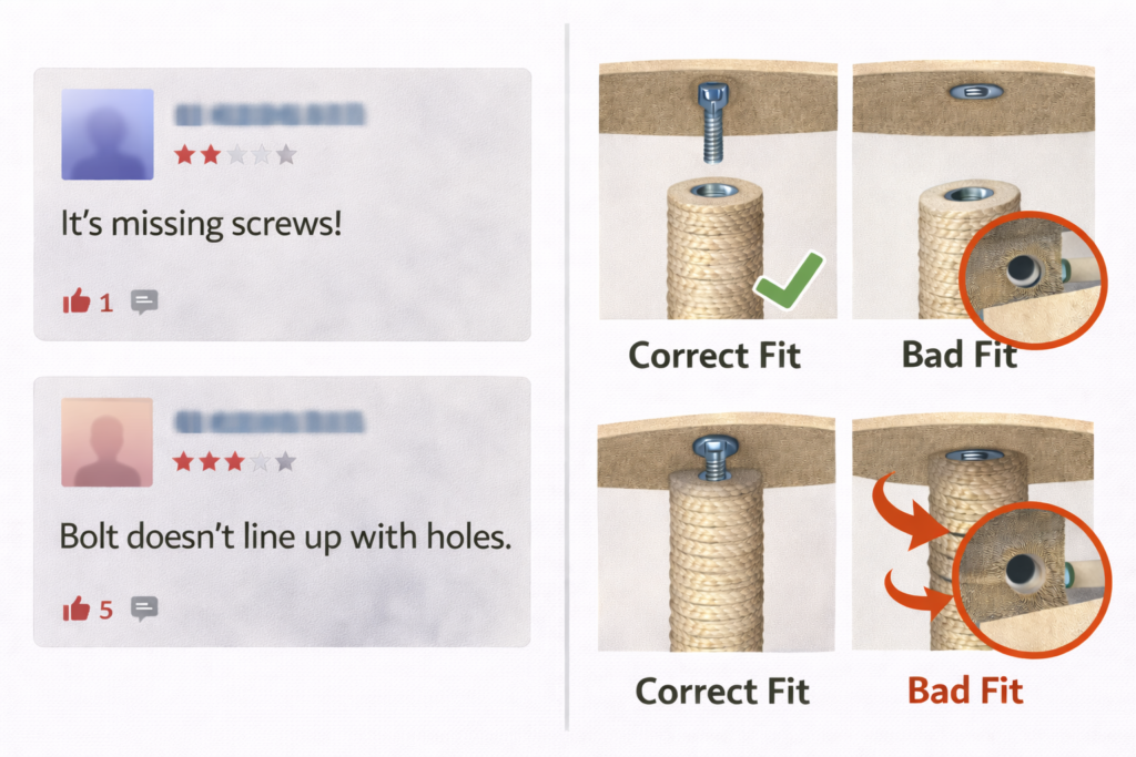 Assembly Failure Is Usually a Design Issue Repeated low-star reviews mentioning missing screws or misaligned holes often point to manufacturing tolerance problems — not user error. When parts don’t align, tightening one joint creates stress elsewhere, accelerating long-term instability.