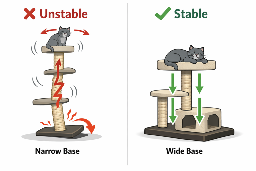 Why This Cat Tree Wobbles A tall structure built on a narrow base shifts its center of gravity upward. When a cat jumps, turns, or lands repeatedly, small movements amplify into visible wobbling — and eventually tipping. Wider bases and lower weight distribution reduce vibration before it spreads.
