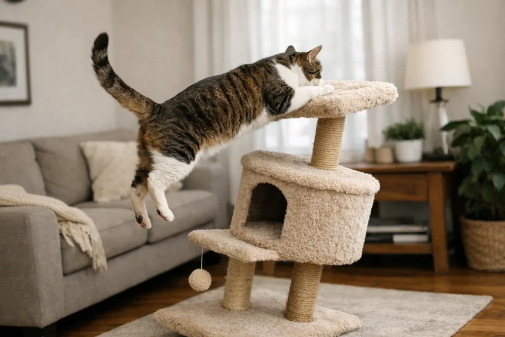 Adult cat using a cat tree that shows slight wobble during movement, illustrating common cat tree stability issues and what to look for when choosing a stable cat tree.