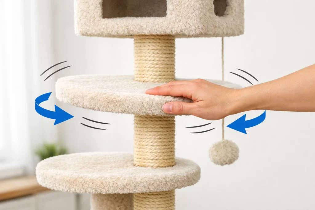 Adult cat using a cat tree that shows slight wobble during movement, illustrating common cat tree stability issues and what to look for when choosing a stable cat tree.