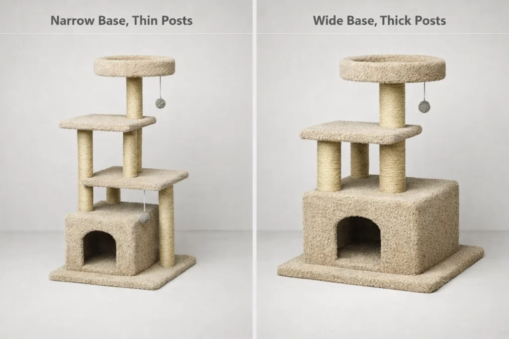 Adult cat using a cat tree that shows slight wobble during movement, illustrating common cat tree stability issues and what to look for when choosing a stable cat tree.