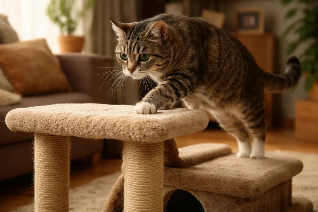 Senior cat jumping onto low stable cat tree