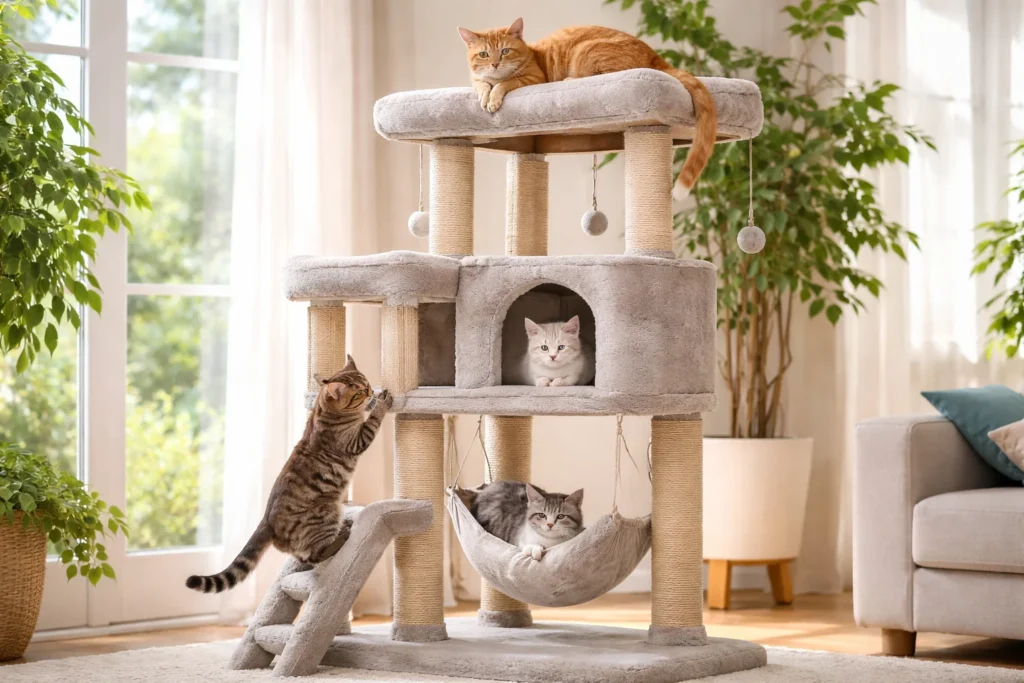 Cat playing and resting on cat tree
