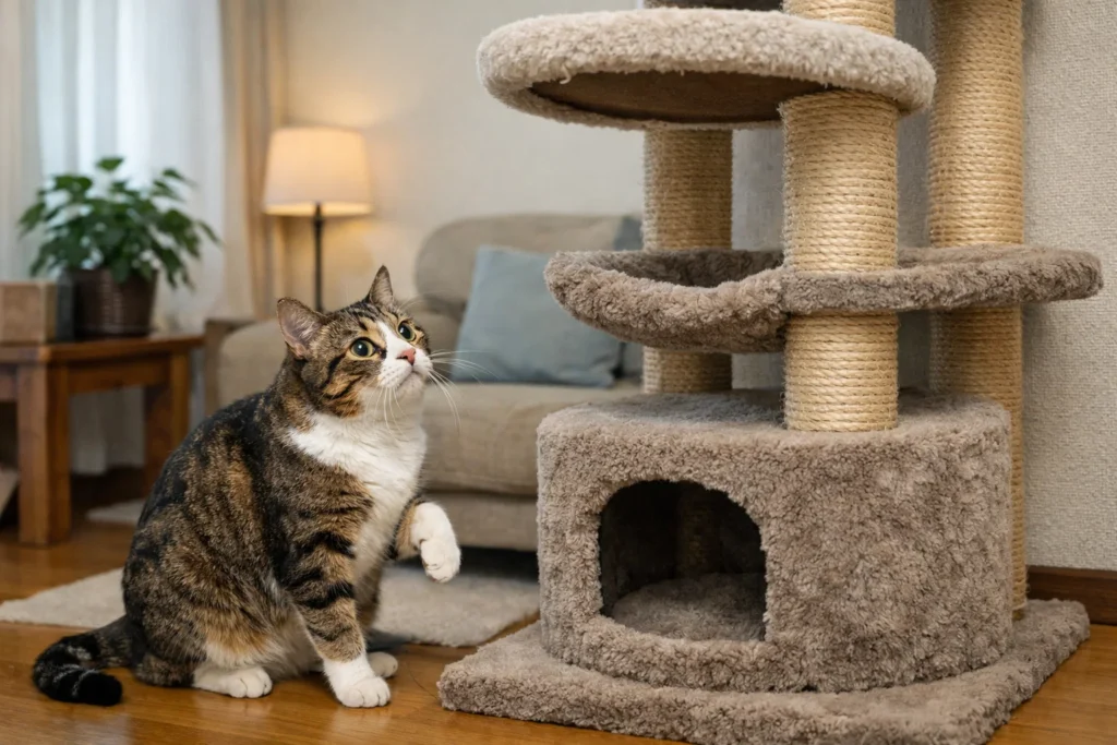 A cat hesitating to climb the upper levels of an unstable cat tree