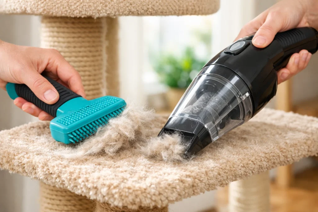 Cleaning cat tree with brush and vacuum