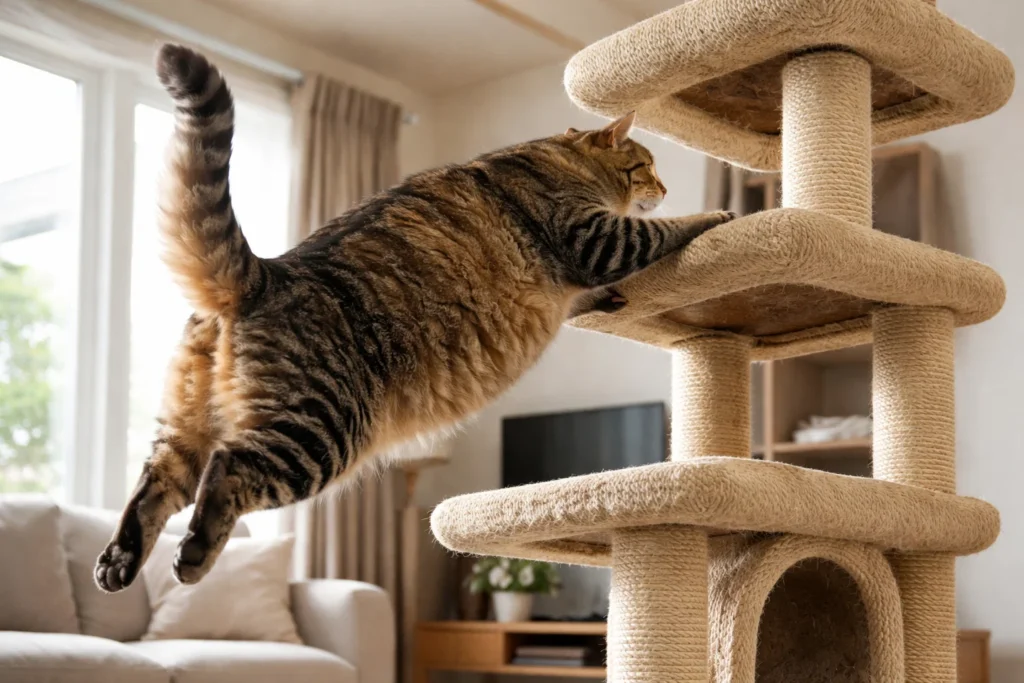 cat tree for big cats wobbling under a large cat