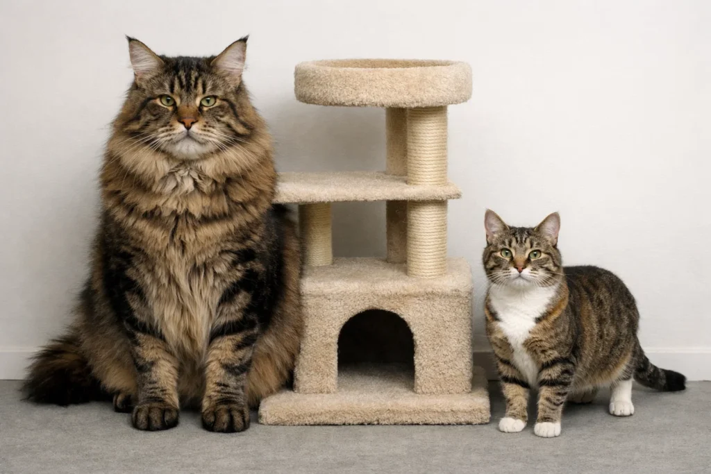 large cat vs regular cat using a cat tree