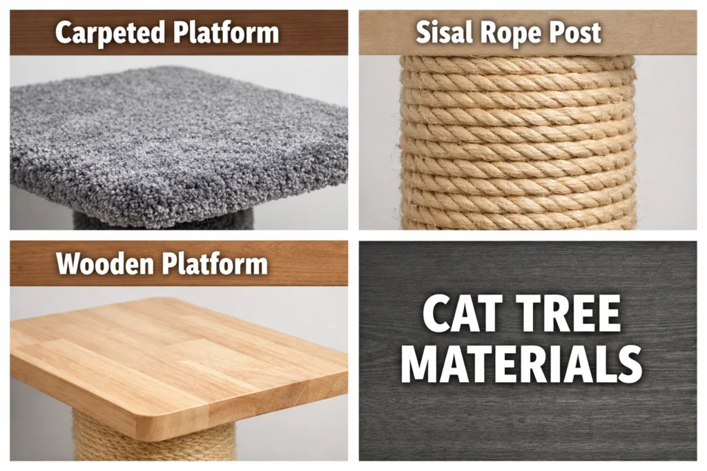 Different materials of cat tree: carpet, sisal rope, wood