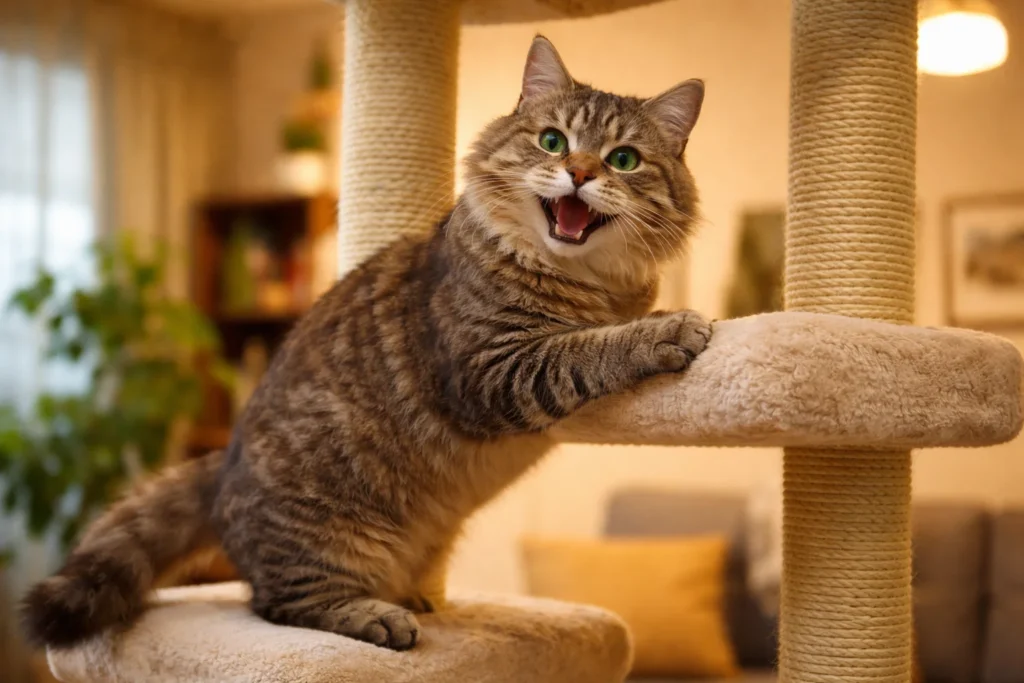 Happy senior cat playing on cat tree