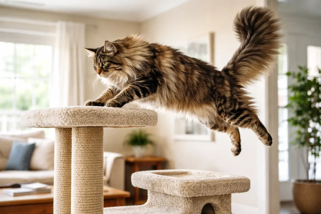 A large cat jumping onto a cat tree, showing strong impact force