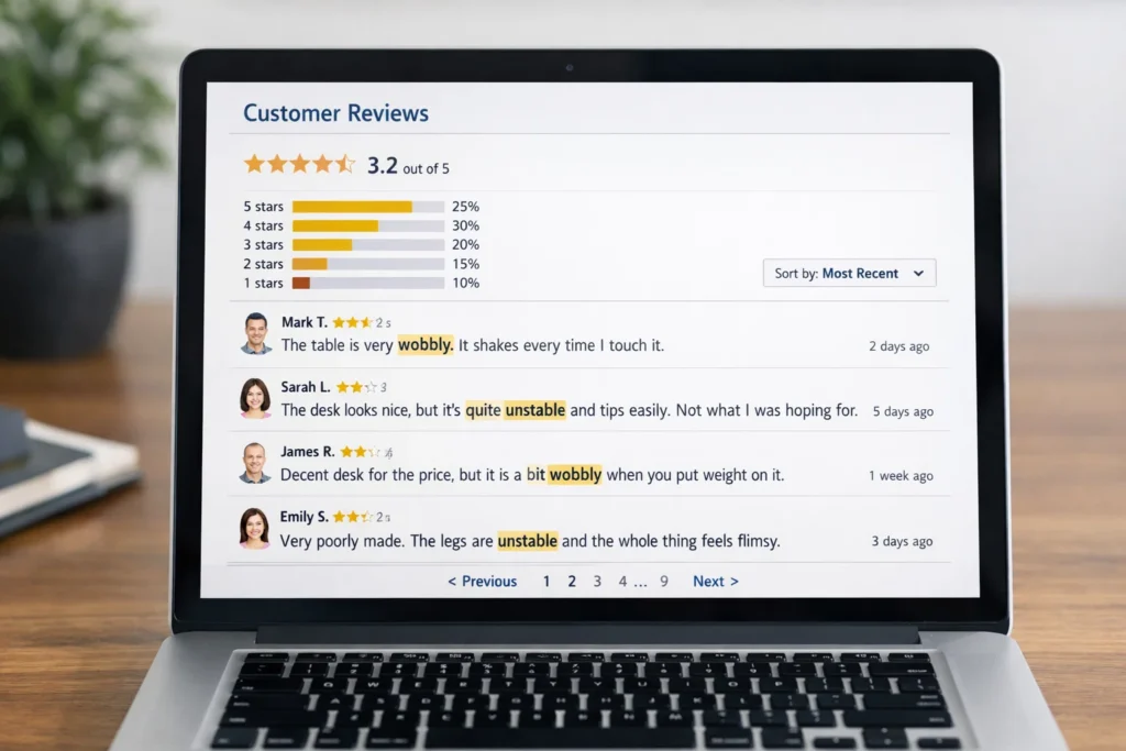 Product reviews highlighting wobble and instability issues