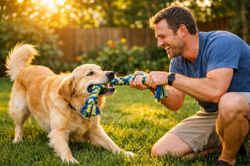 dog tug toy used for tug of war play between dog and owner
