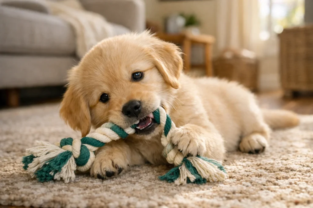 puppy playing with a puppy rope toy indoors