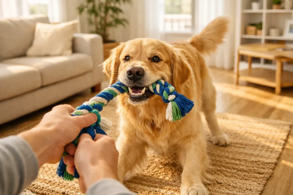 dog playing tug of war safely with a rope dog tug toy
