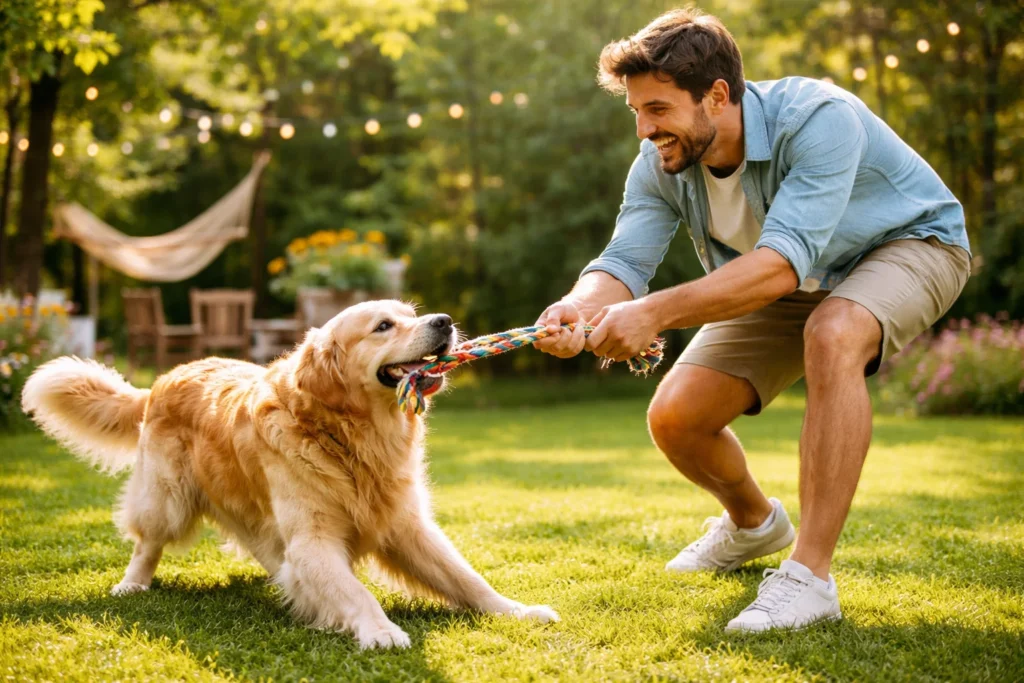 dog playing tug of war with rope dog tug toy
