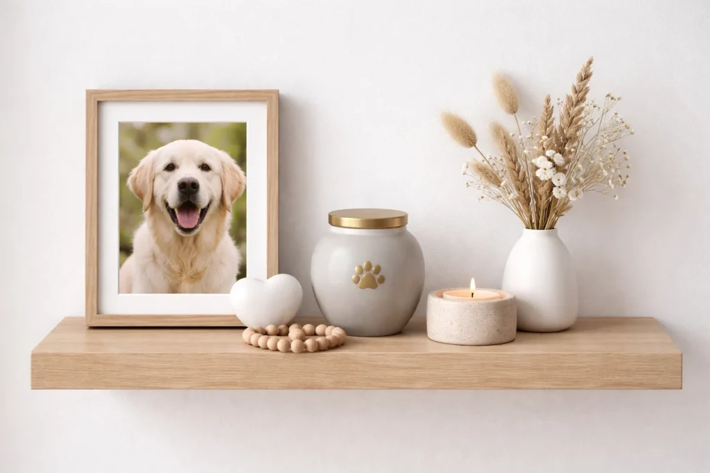 pet memorial decor at home with photo candle and keepsake