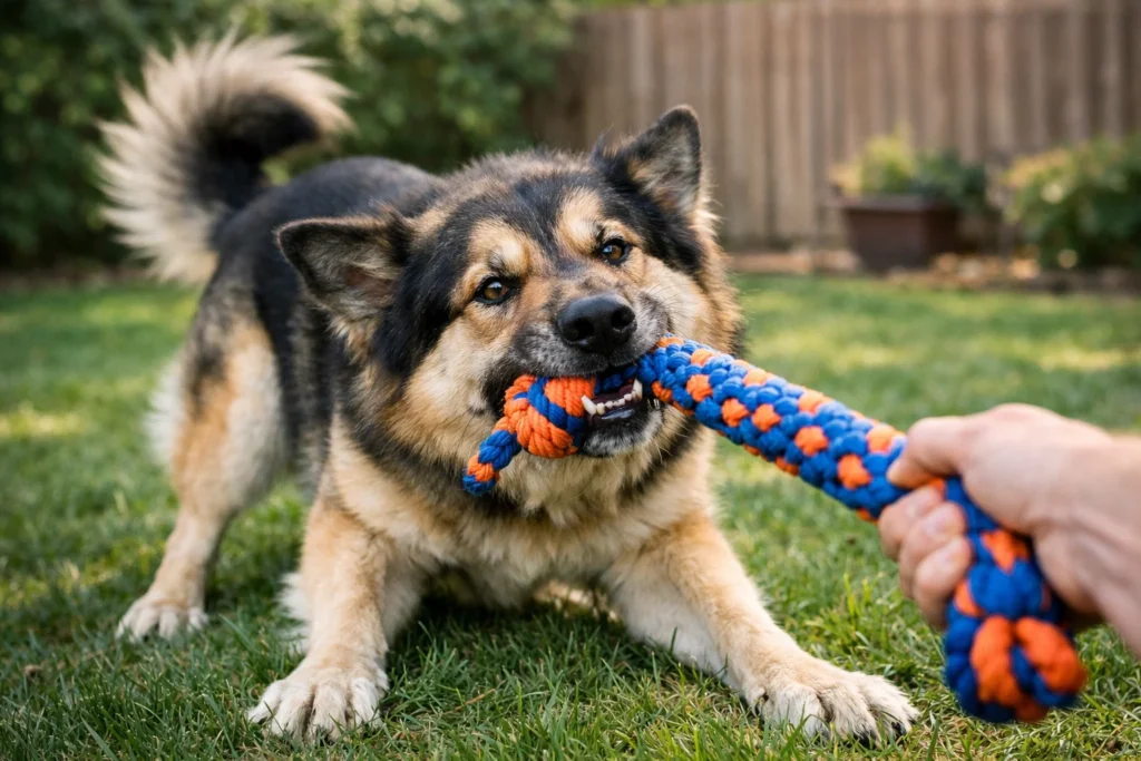 aggressive chewer dog playing tug of war with a durable tug toy