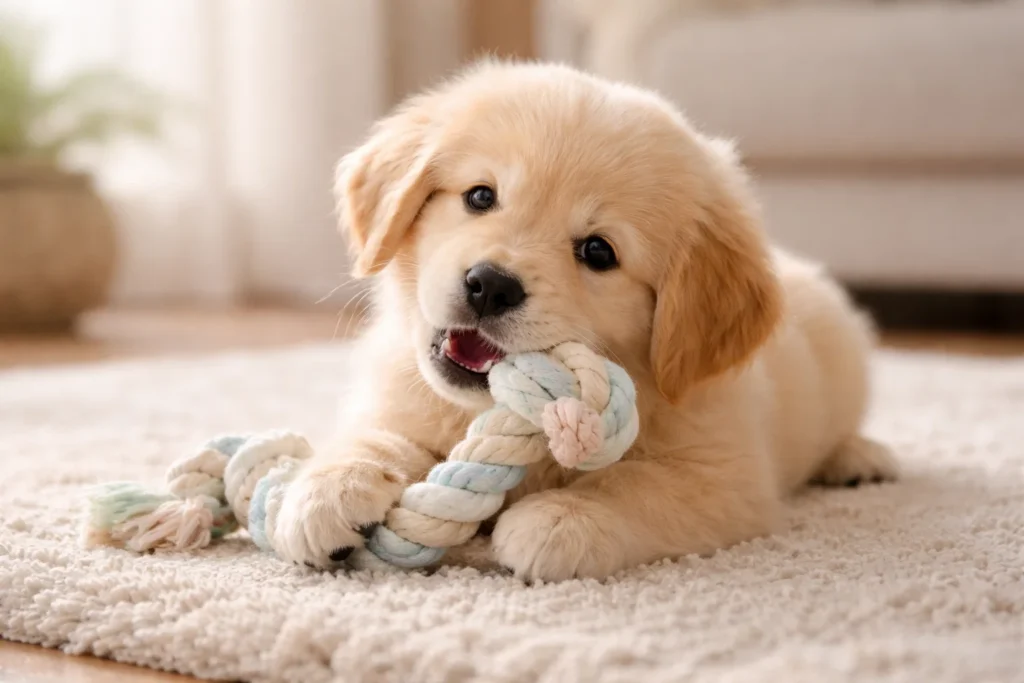 puppy chewing a soft puppy rope toy safely