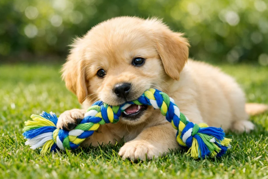 puppy playing with soft rope tug toy
