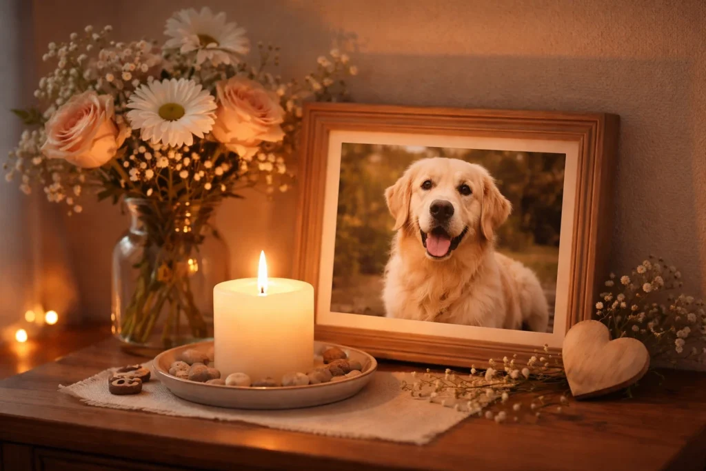 pet memorial corner with candle and photo at home