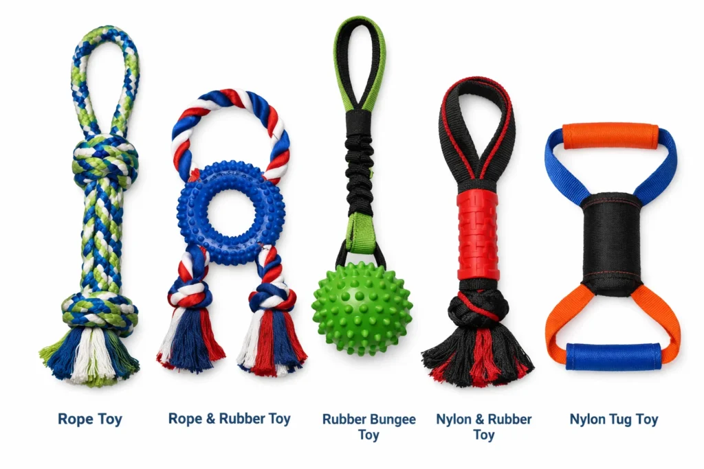 dog tug toy materials comparison rope rubber nylon
