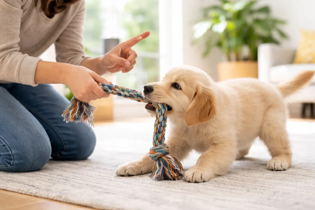 training puppies with rope tug toy