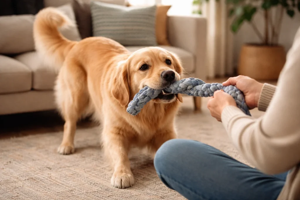 training with a tug war dog toy during tug of war game