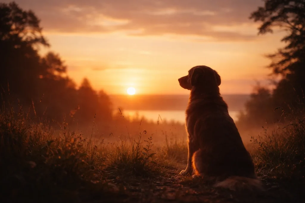 dog memorial scene in nature, peaceful remembrance of a dog
