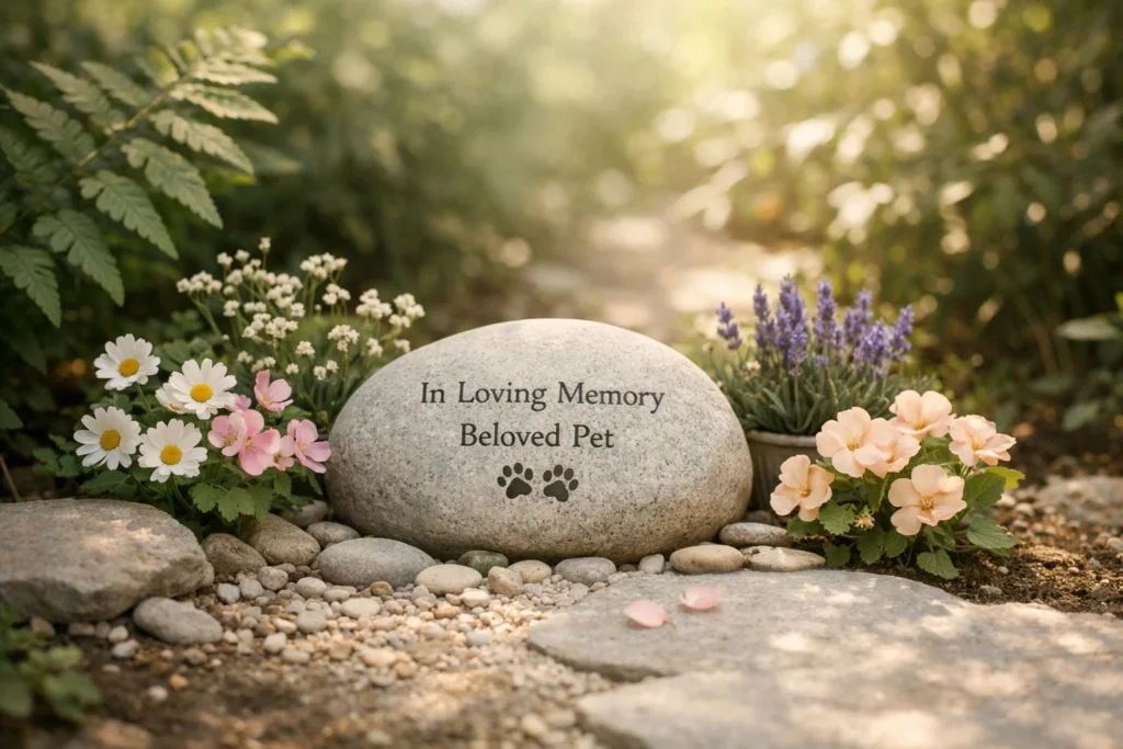 pet memorial decor in garden with stone and flowers