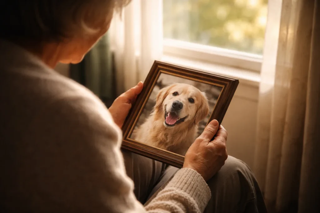 person holding pet photo remembering after pet loss