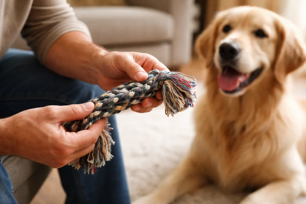 checking dog tug toy safety before play