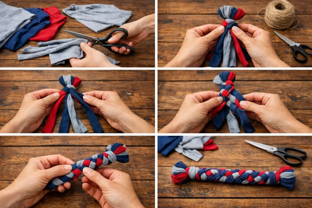 DIY dog tug toy made from braided t shirt
