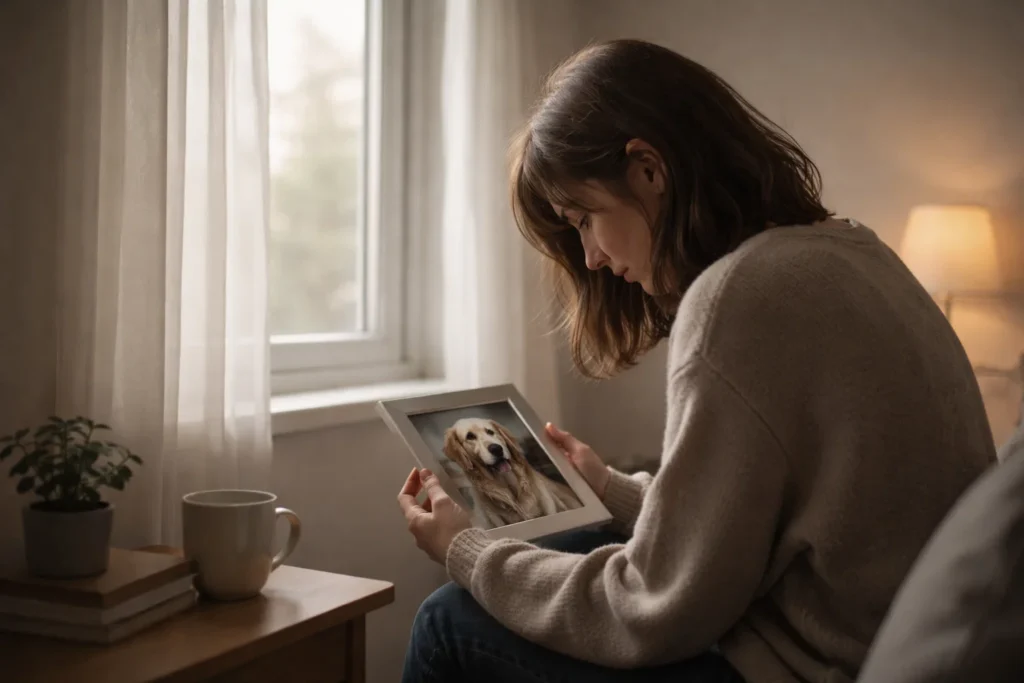 pet owner holding dog after loss, emotional and peaceful moment
