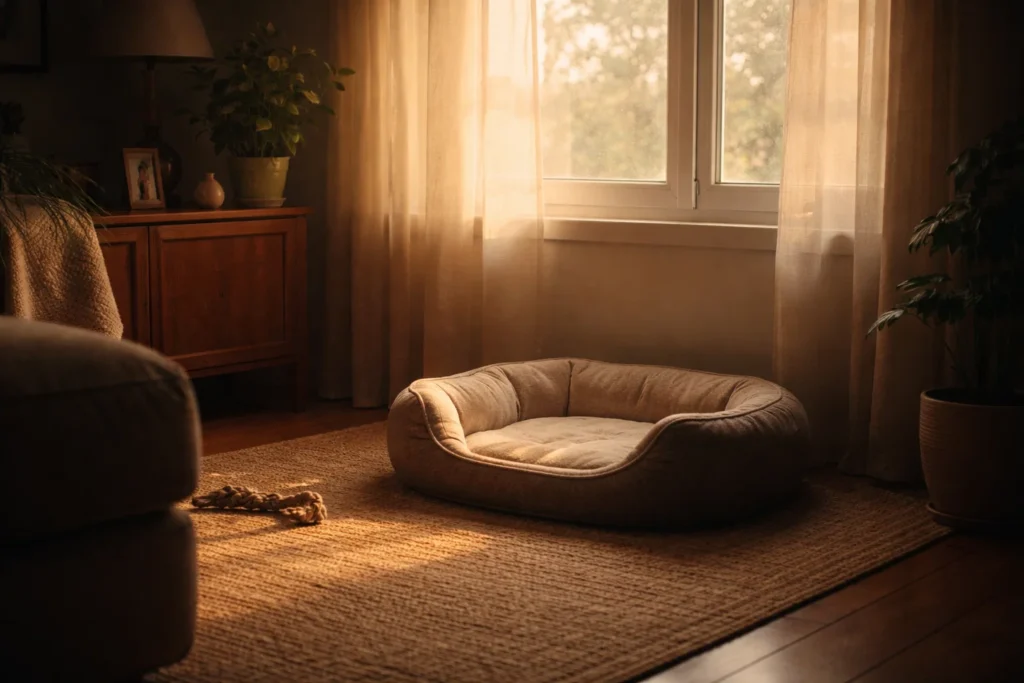 empty pet bed in quiet home after pet loss