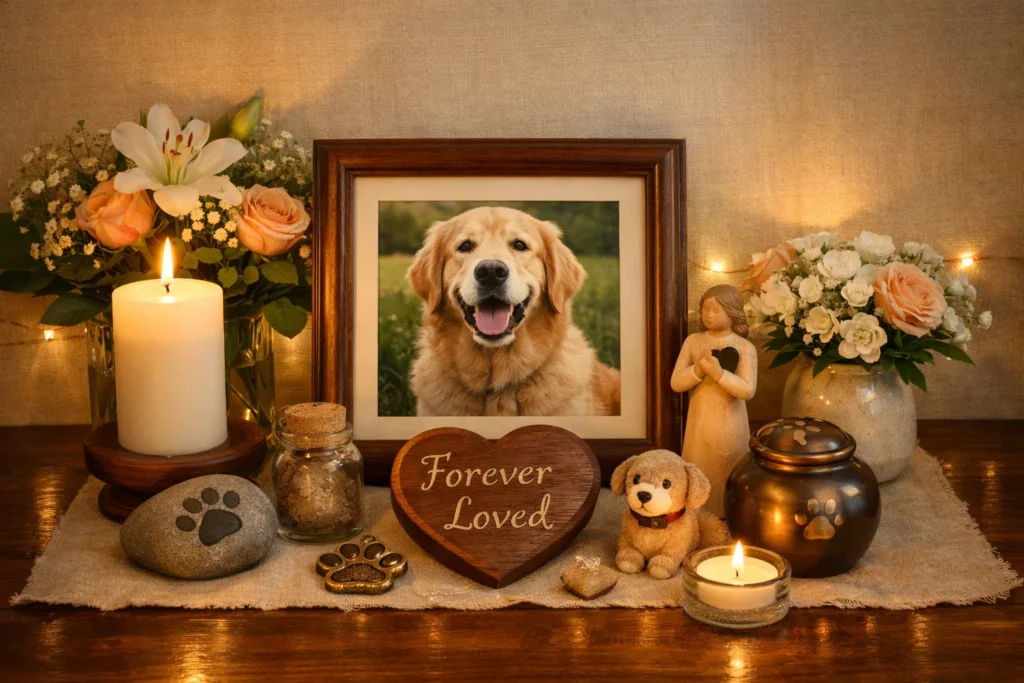 pet urn memorial display with photo and flowers