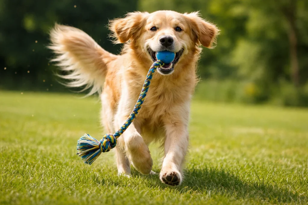 dog tug toy with ball for fetch and tug play