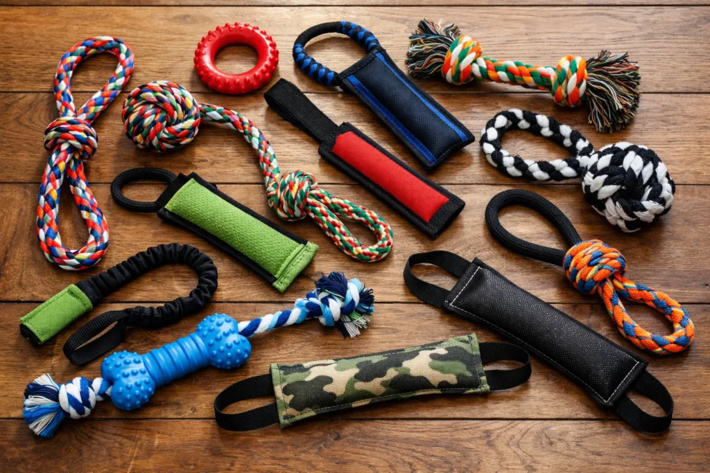 dog tug toy materials including rope, fabric, rubber and nylon tug toys