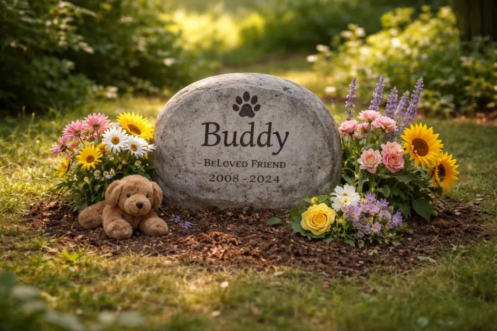 dog memorial grave marker in garden with flowers