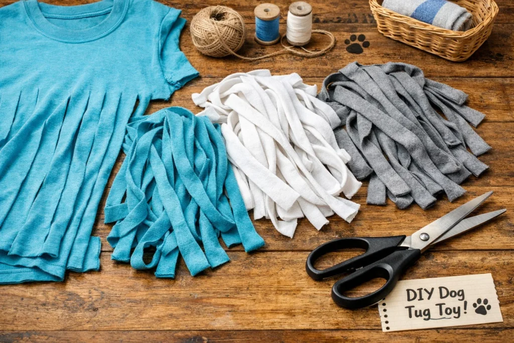 materials for DIY dog tug toy including rope fleece and t-shirt