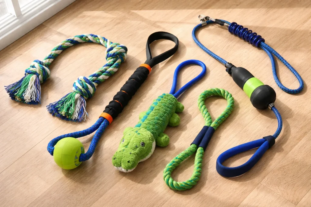 dog tug toy with ball for fetch and tug play