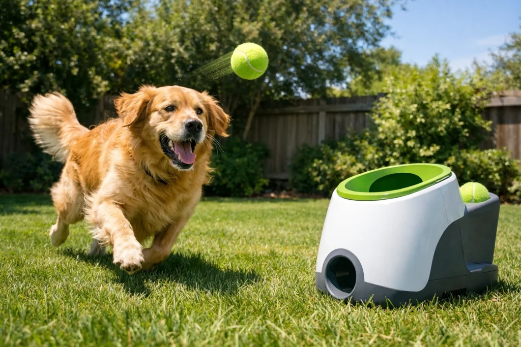 automatic ball launcher for large dogs in backyard play