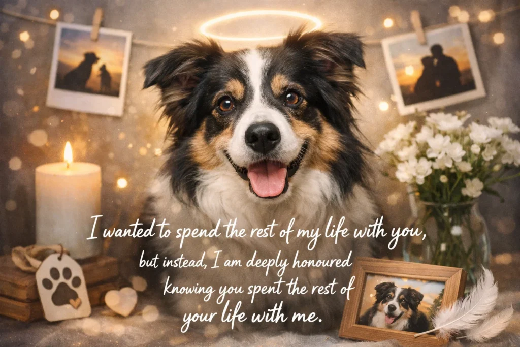 pet loss quote about love and grief with dog sunset memorial scene