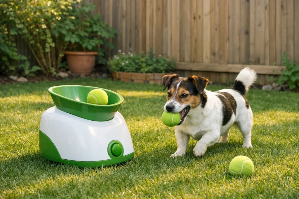 small dog using automatic ball launcher outdoors safely