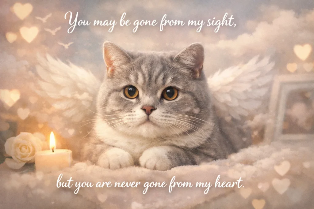 cat memorial quote with cozy home and soft warm lighting
